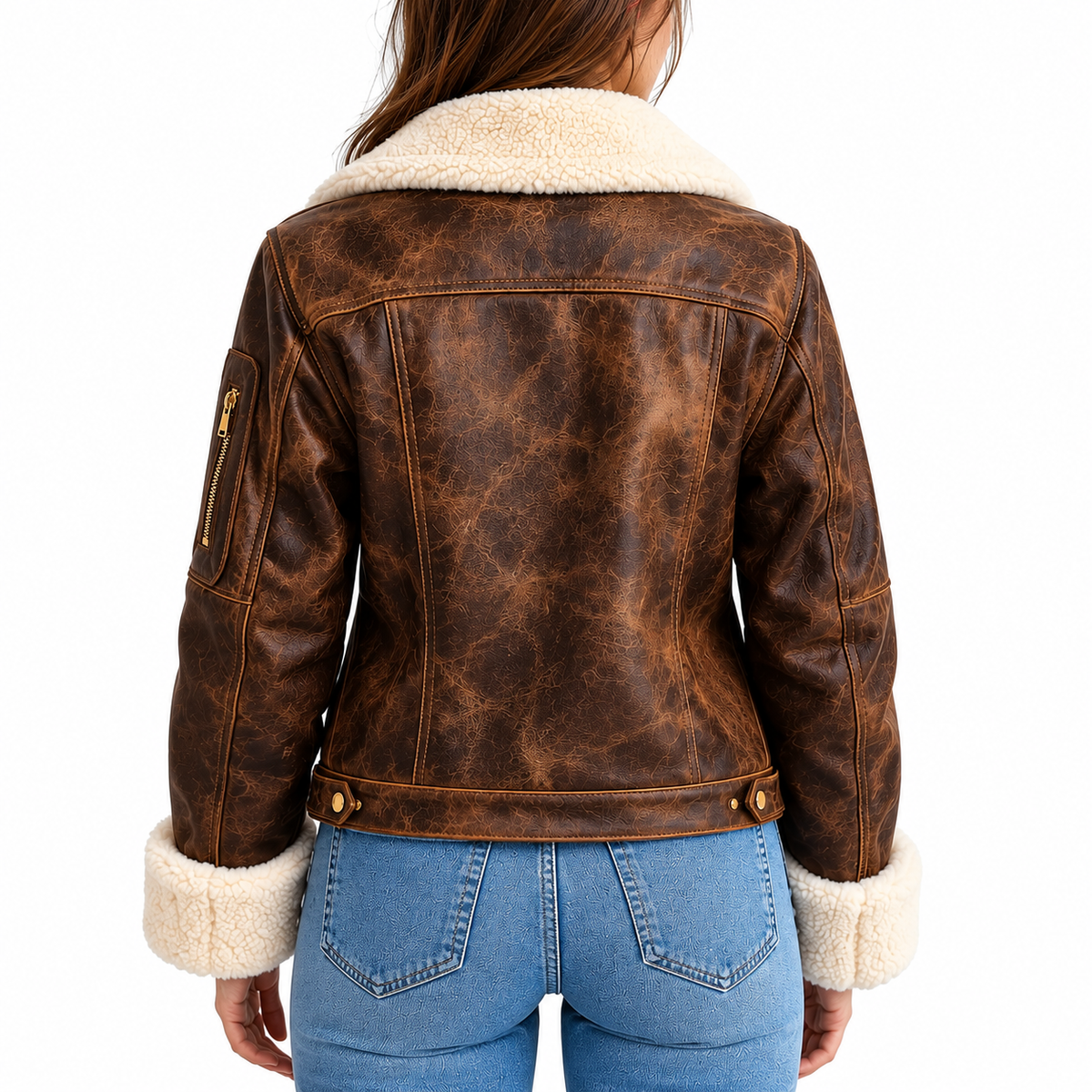 Women's Distressed Vintage-Style Real Leather Aviator Jacket