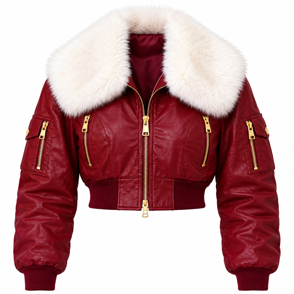 Women's Burgundy Faux Leather Bomber Jacket & Flared Cargo Pants Set with White Fur Collar | Hollywood Jackets