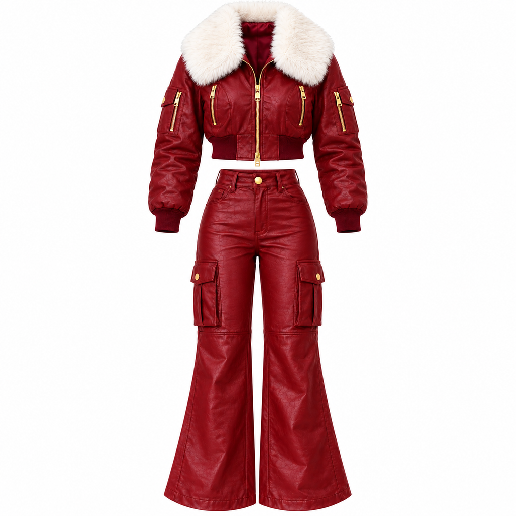 Women's Burgundy Faux Leather Bomber Jacket & Flared Cargo Pants Set with White Fur Collar | Hollywood Jackets