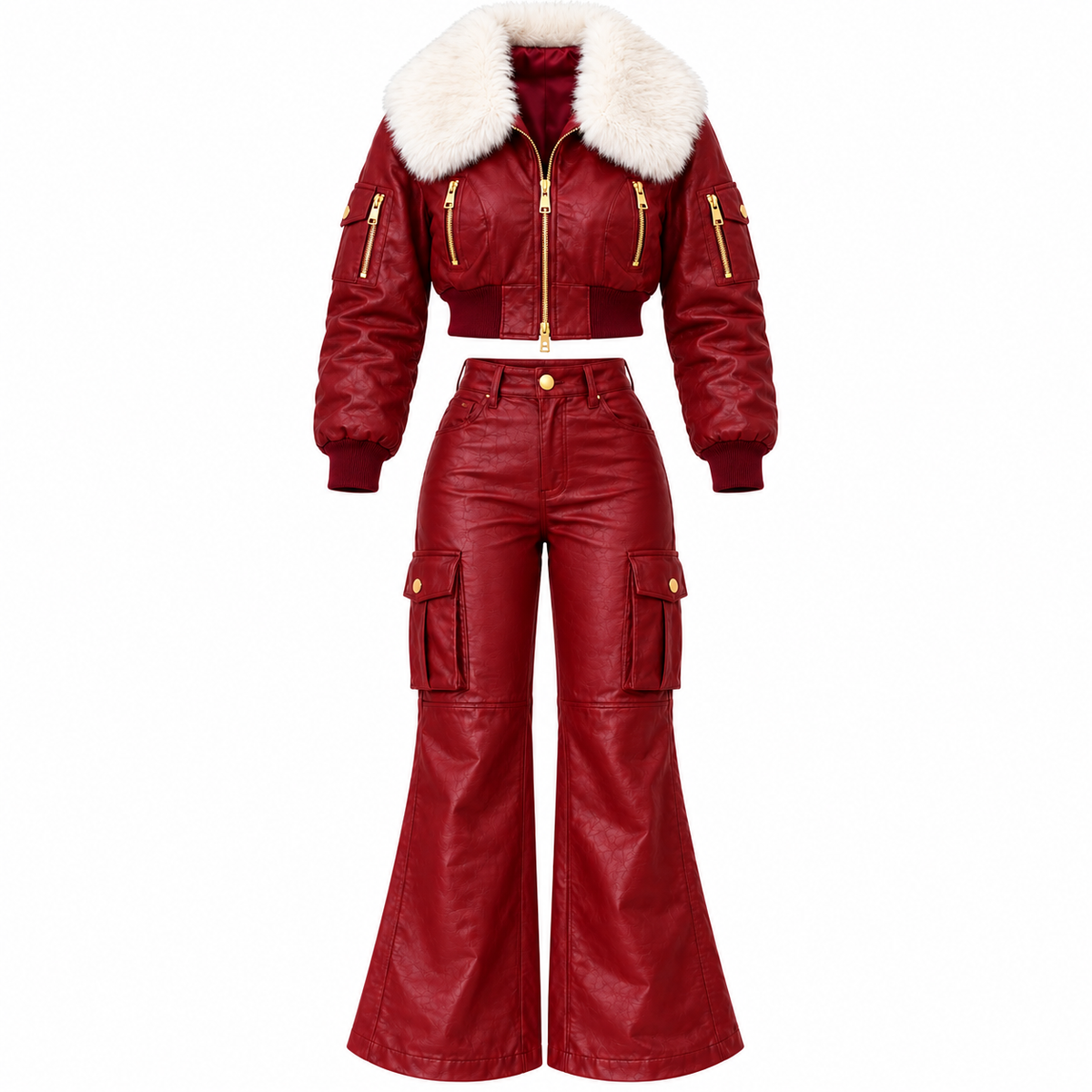 Women's Burgundy Faux Leather Bomber Jacket & Flared Cargo Pants Set with White Fur Collar | Hollywood Jackets