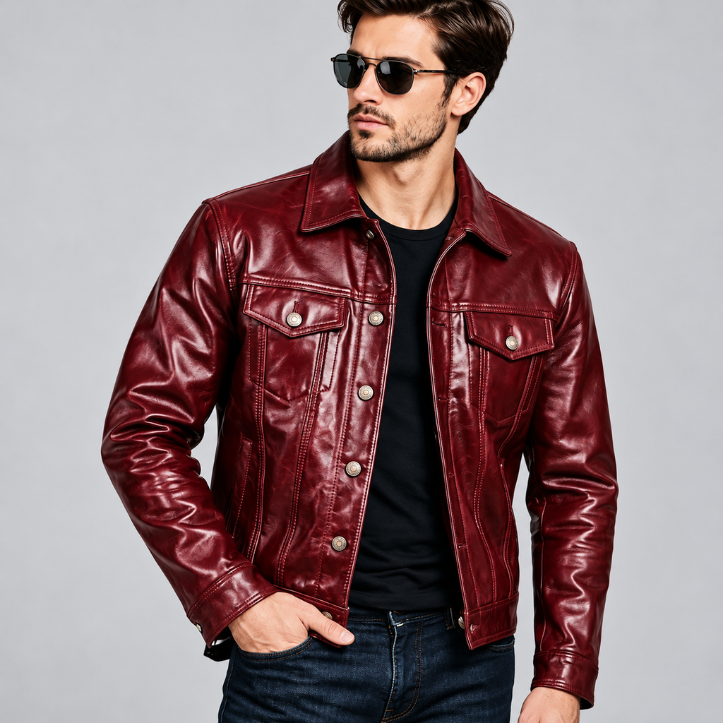 Men's Burgundy Red Leather Trucker Jacket