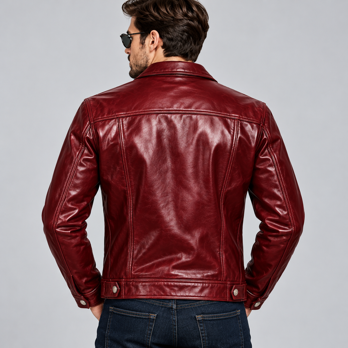 Men's Burgundy Red Leather Trucker Jacket - photo 2