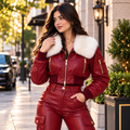 Women's Burgundy Faux Leather Bomber Jacket & Flared Cargo Pants Set with White Fur Collar | Hollywood Jackets