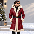 Men’s Red Leather Christmas Shearling Coat – Fur-Lined Hooded Trench | Hollywood Jackets