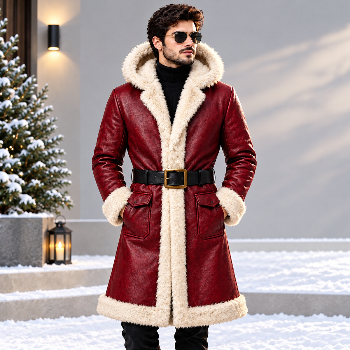 Men’s Red Leather Christmas Shearling Coat – Fur-Lined Hooded Trench | Hollywood Jackets