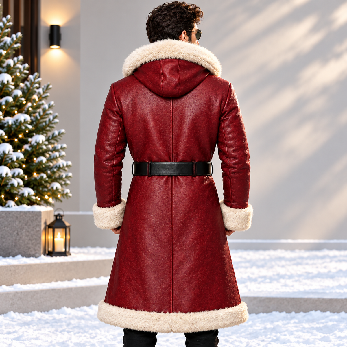 Men’s Red Leather Christmas Shearling Coat – Fur-Lined Hooded Trench | Hollywood Jackets