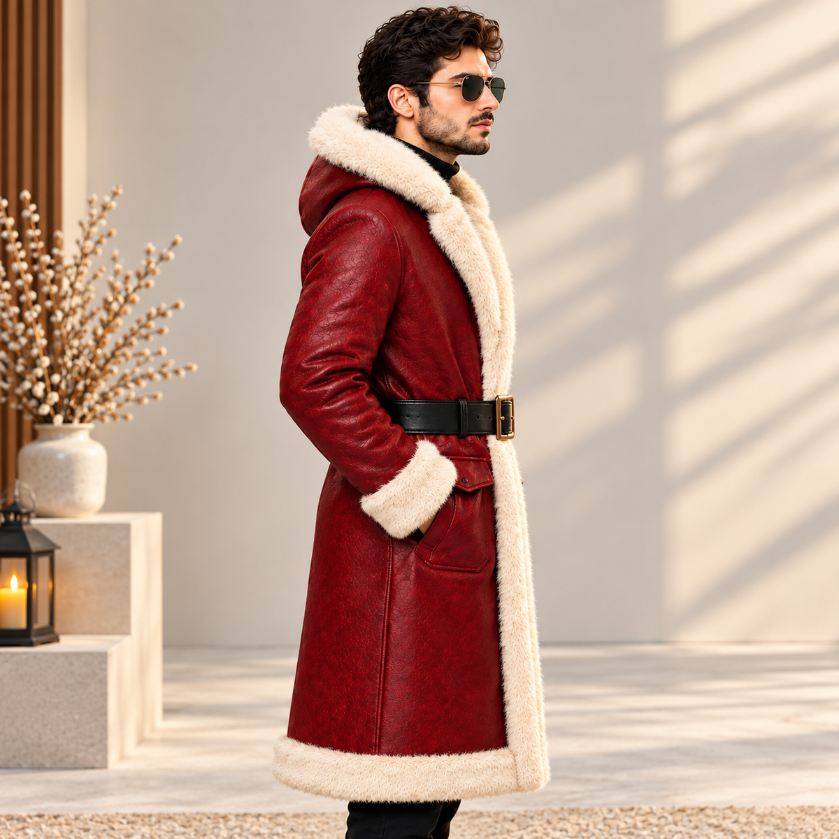 Men’s Red Leather Christmas Shearling Coat – Fur-Lined Hooded Trench | Hollywood Jackets