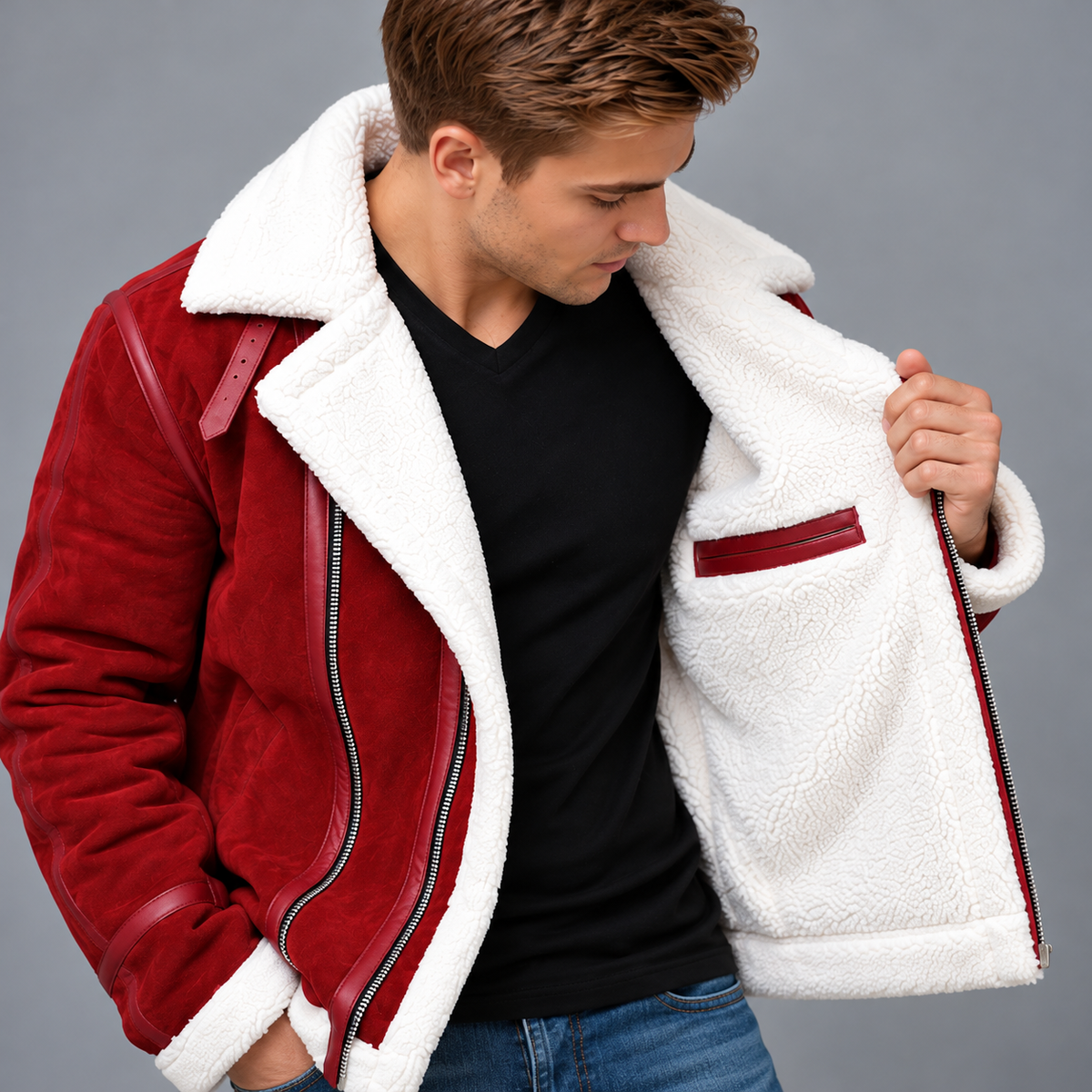 Men’s Red Christmas Shearling Jacket | Hollywood Jackets