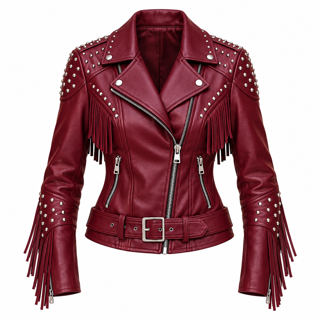 Women's Burgundy Studded Fringe Leather Biker Jacket