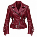 Women's Burgundy Studded Fringe Leather Biker Jacket