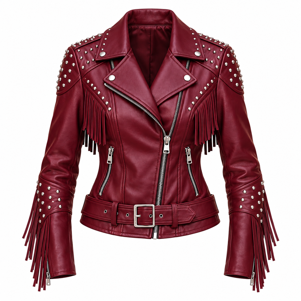 Women's Burgundy Studded Fringe Leather Biker Jacket