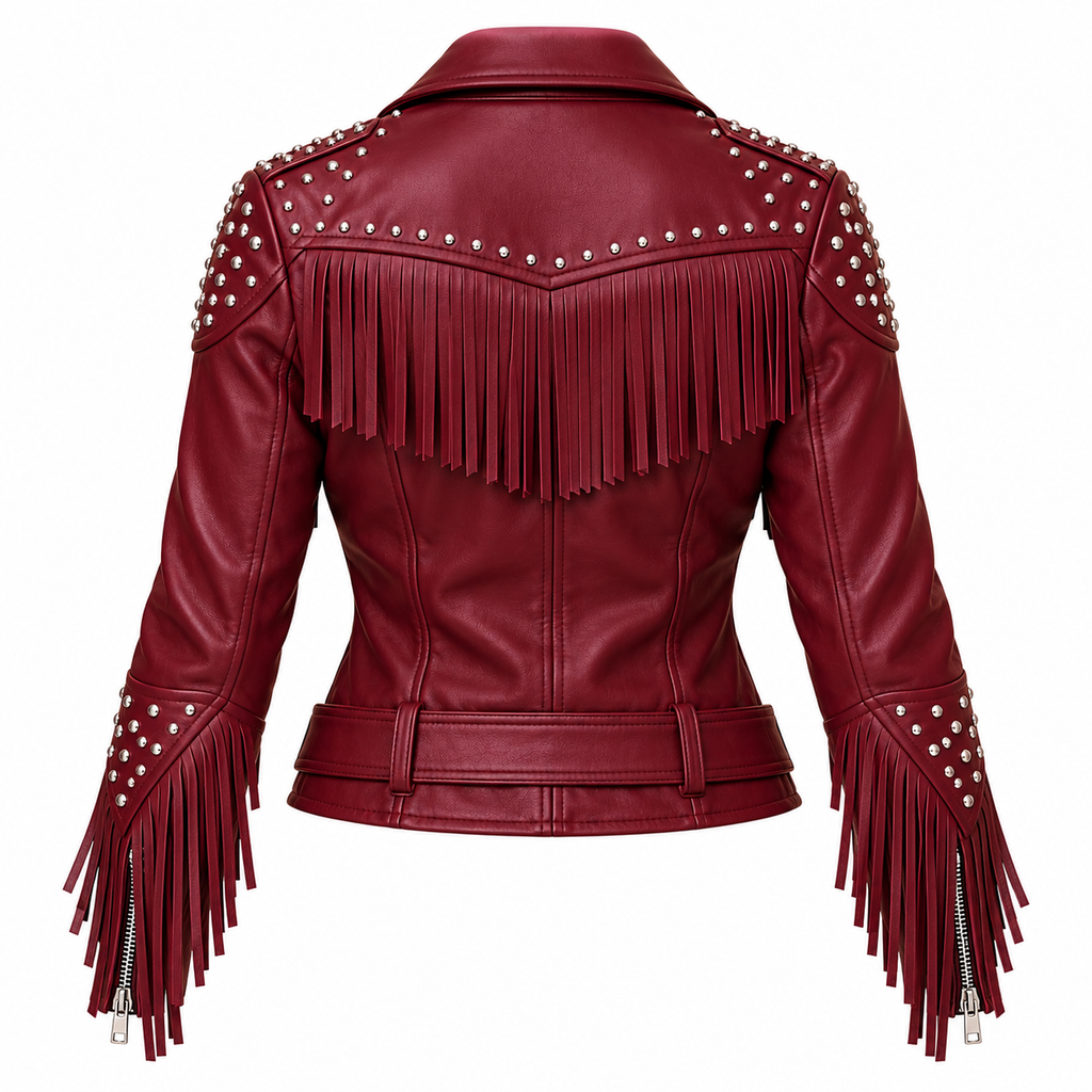 Women's Burgundy Studded Fringe Leather Biker Jacket - photo 2