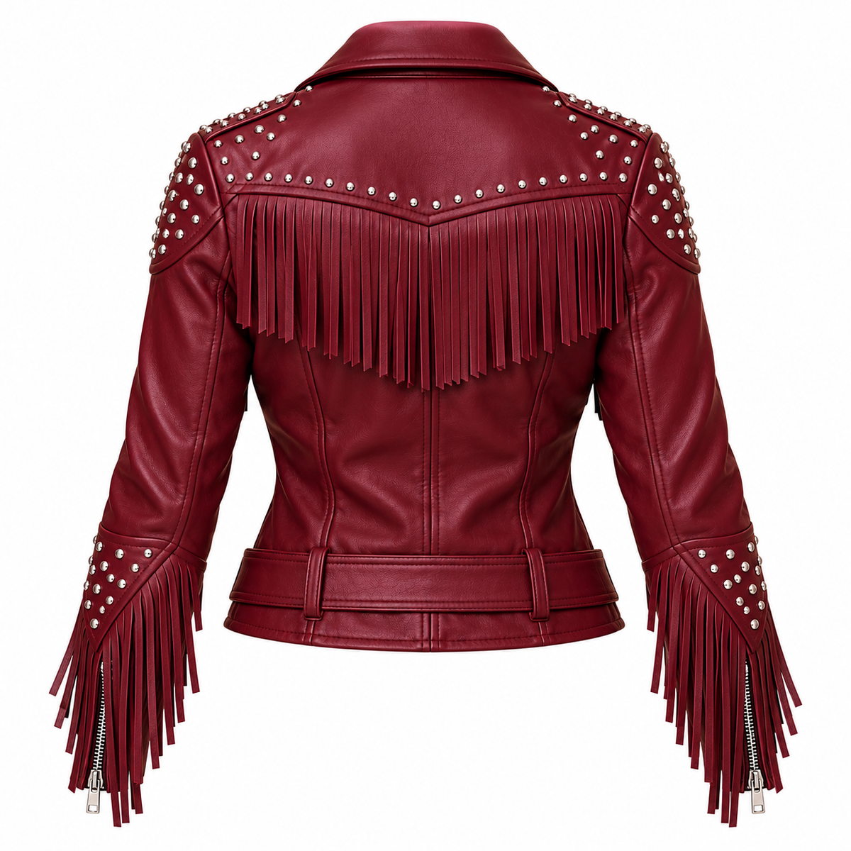 Women's Burgundy Studded Fringe Leather Biker Jacket - photo 2