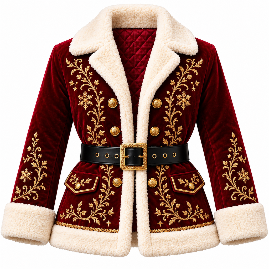 Hollywood Jackets Women's Burgundy Velvet Christmas Coat with Gold Embroidery