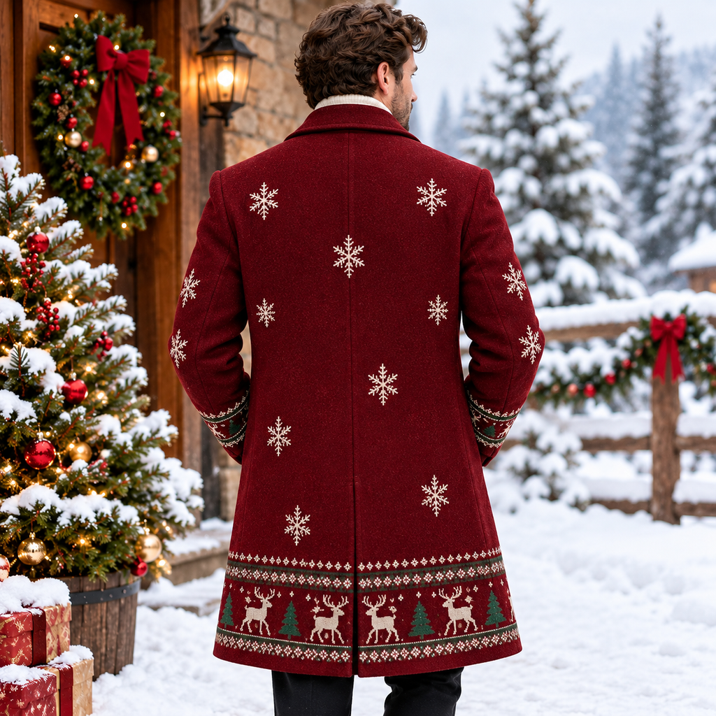 Hollywood Jacket Men's Burgundy Christmas Reindeer Embroidered Overcoat