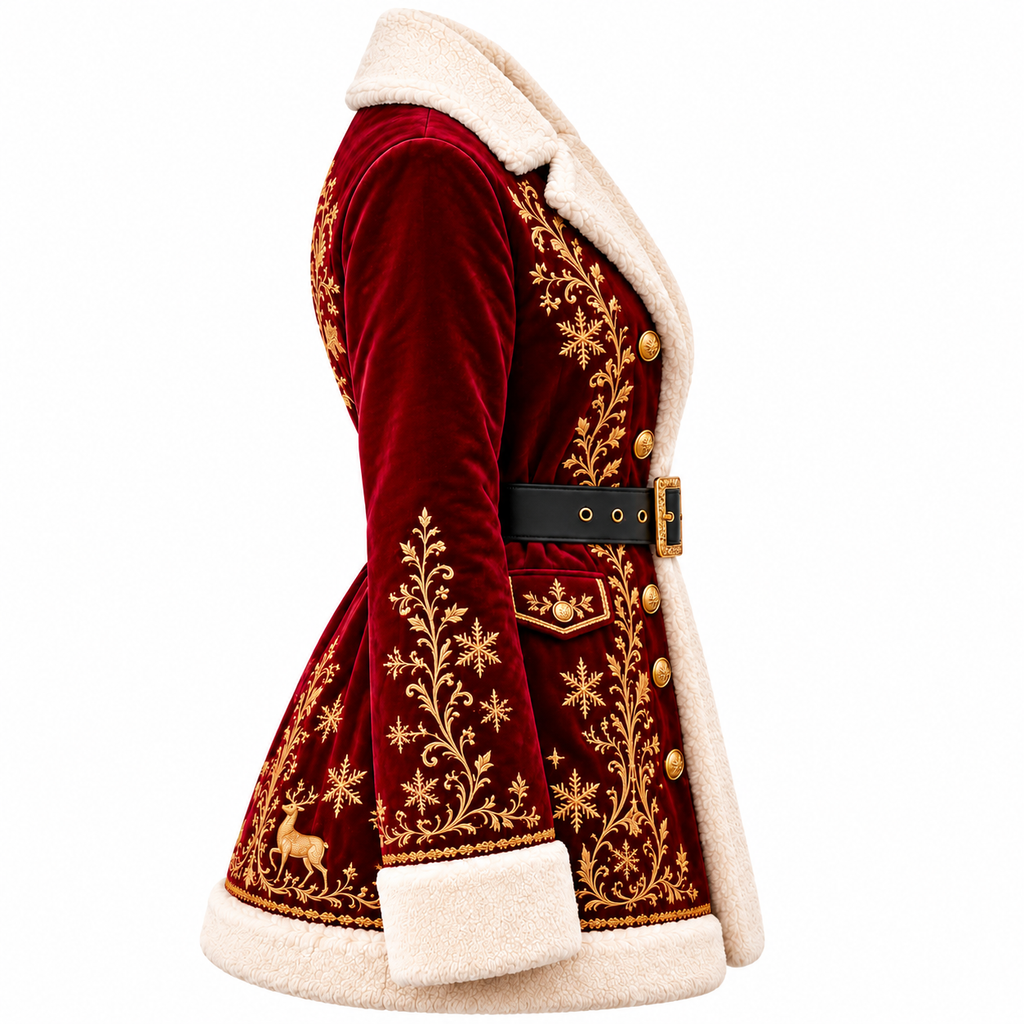 Hollywood Jackets Women's Burgundy Velvet Christmas Coat with Gold Embroidery