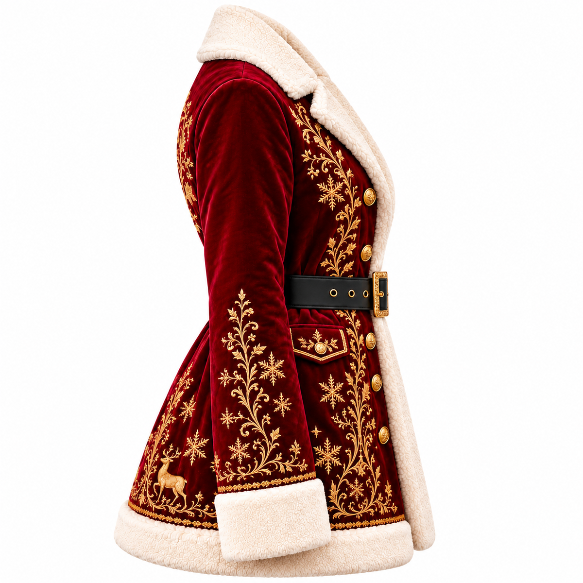 Hollywood Jackets Women's Burgundy Velvet Christmas Coat with Gold Embroidery