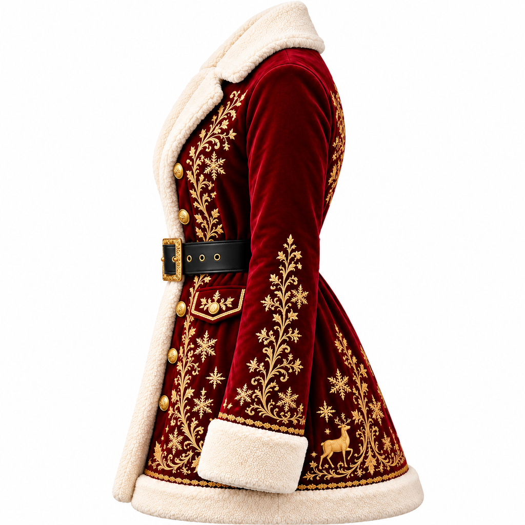 Hollywood Jackets Women's Burgundy Velvet Christmas Coat with Gold Embroidery