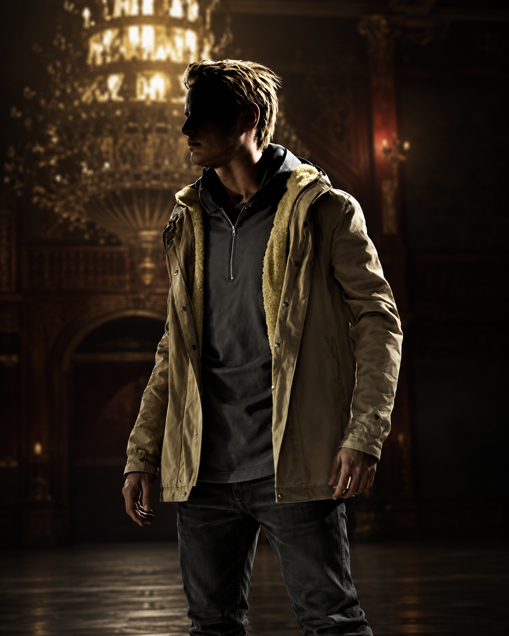 Resident Evil Village Ethan Winters Beige Hooded Cotton Jacket with Faux Shearling Lining for Men