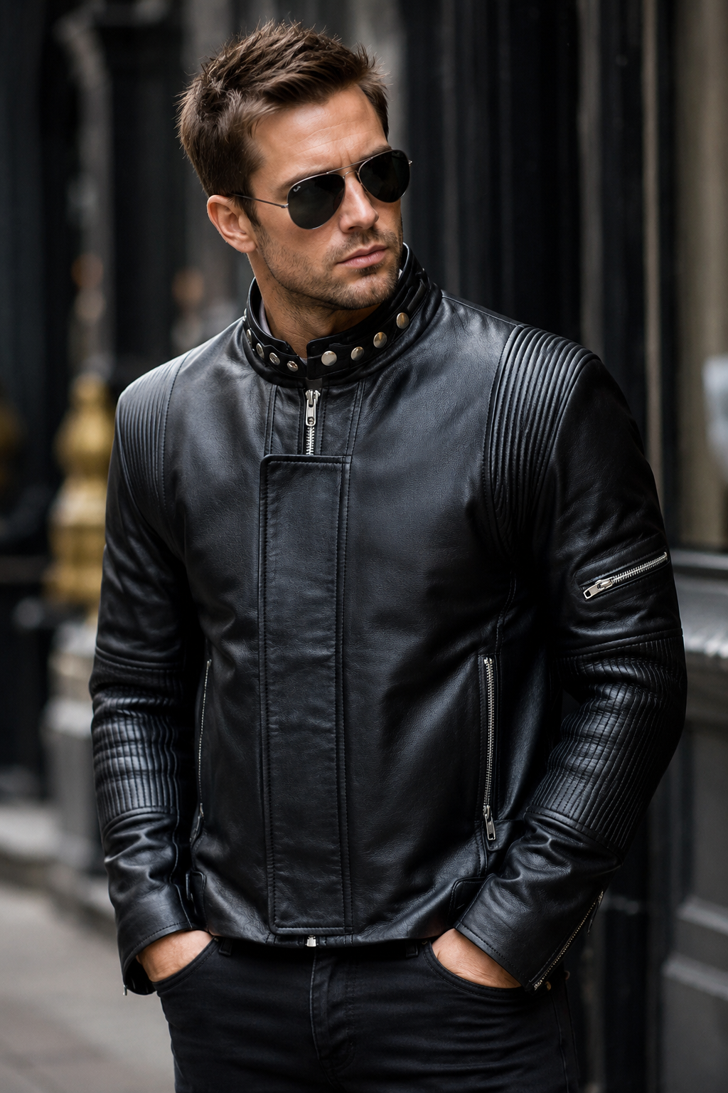 Hollywood Jacket Men’s Premium Black Moto Racer Leather Jacket