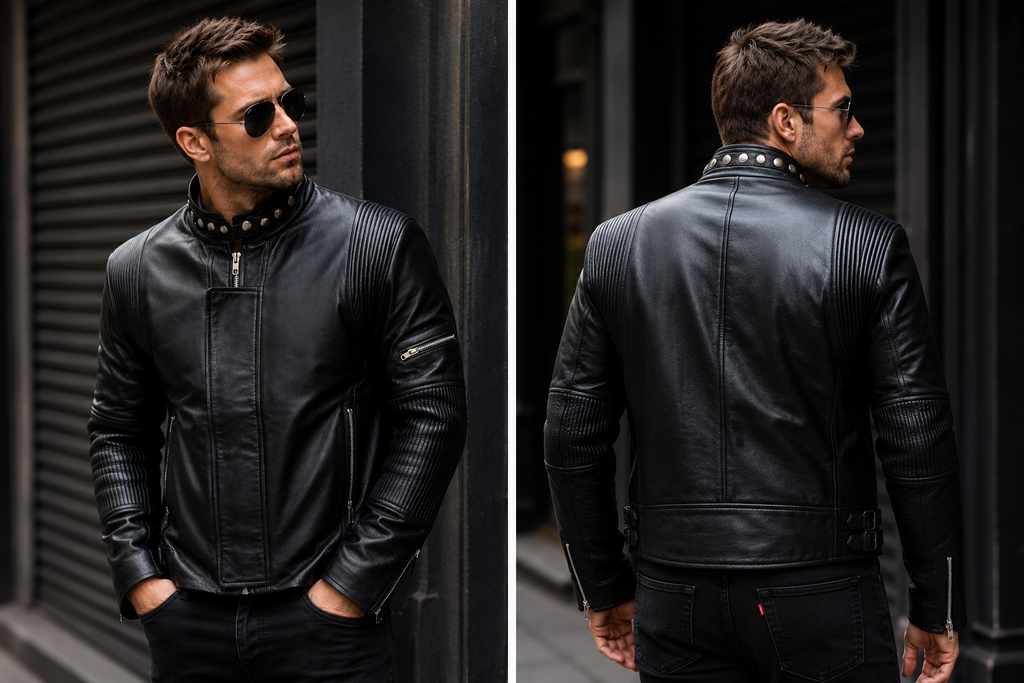 Hollywood Jacket Men’s Premium Black Moto Racer Leather Jacket