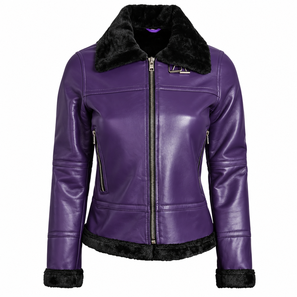 Hollywood Jackets Women’s Purple Shearling Leather Bomber Jacket