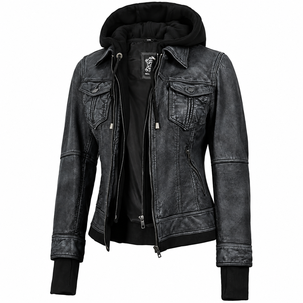 Hollywood Jackets Women’s Black Washed Hooded Leather Bomber Jacket