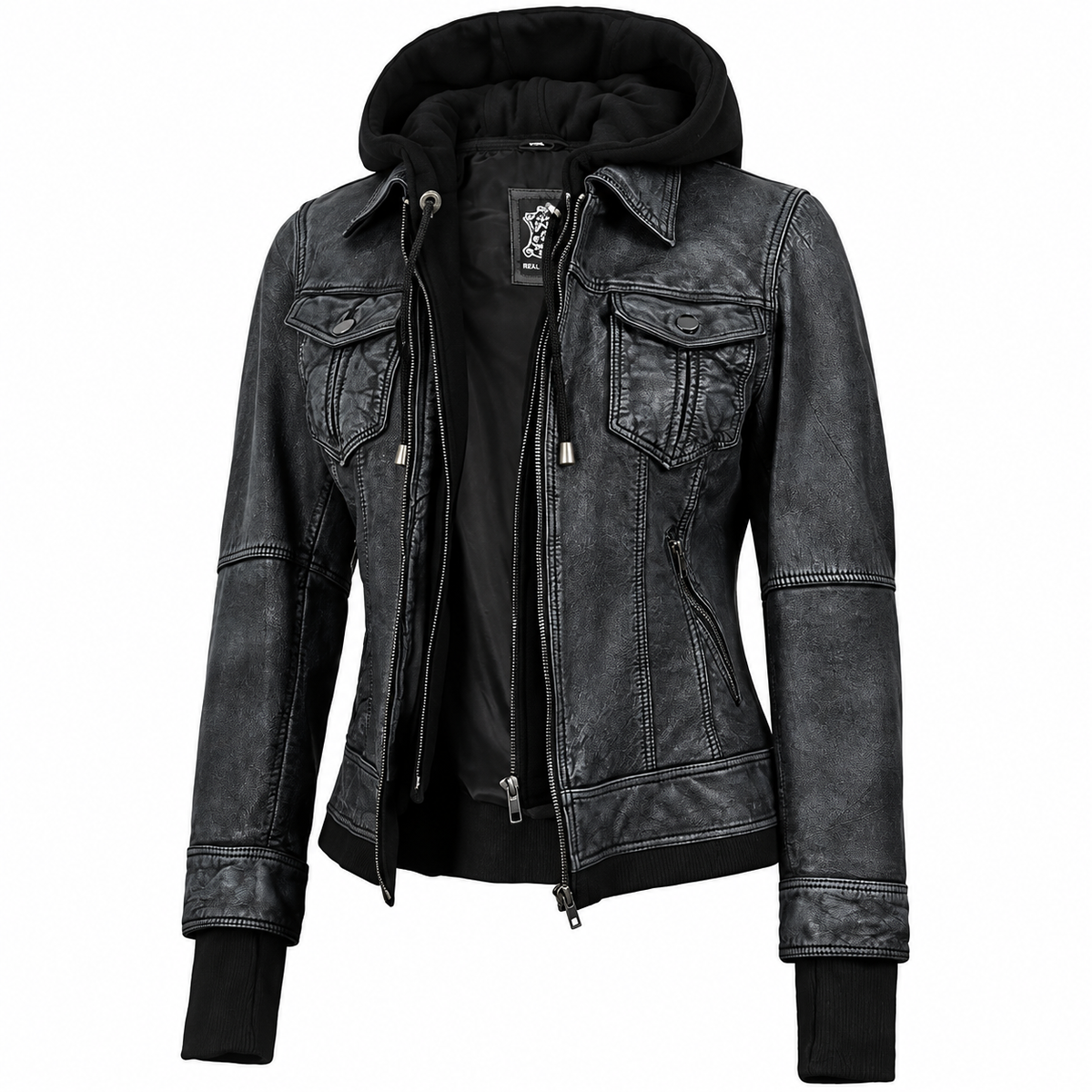 Hollywood Jackets Women’s Black Washed Hooded Leather Bomber Jacket