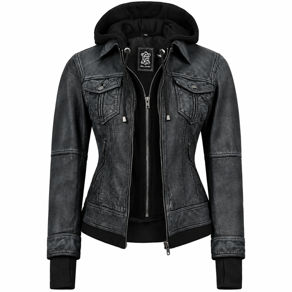 Hollywood Jackets Women’s Black Washed Hooded Leather Bomber Jacket