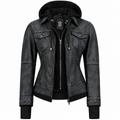 Women's Black Washed Hooded Leather Bomber Jacket