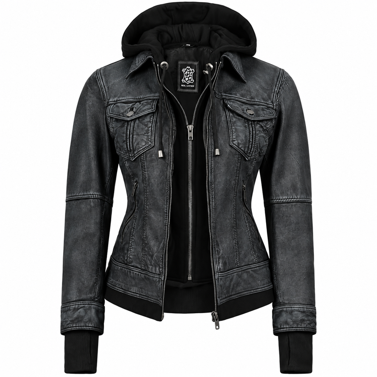 Hollywood Jackets Women’s Black Washed Hooded Leather Bomber Jacket