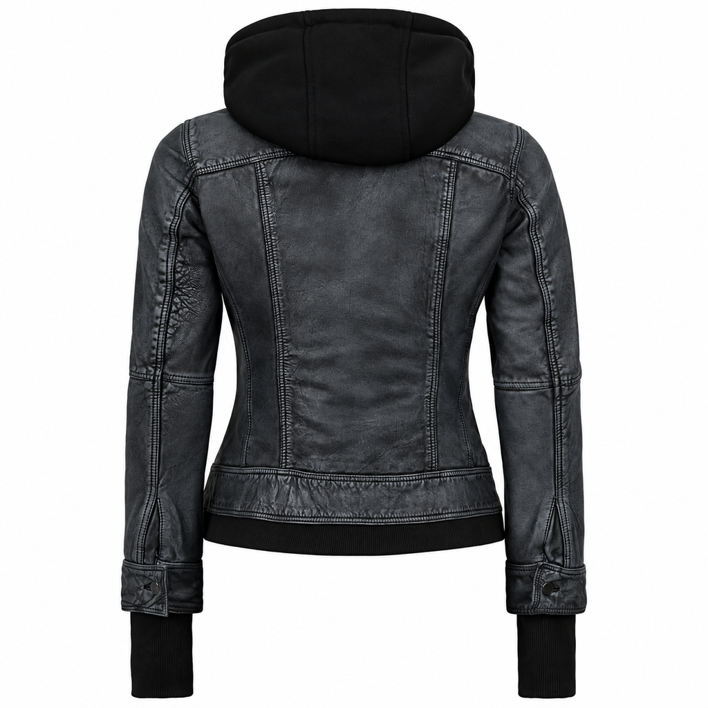 Hollywood Jackets Women’s Black Washed Hooded Leather Bomber Jacket
