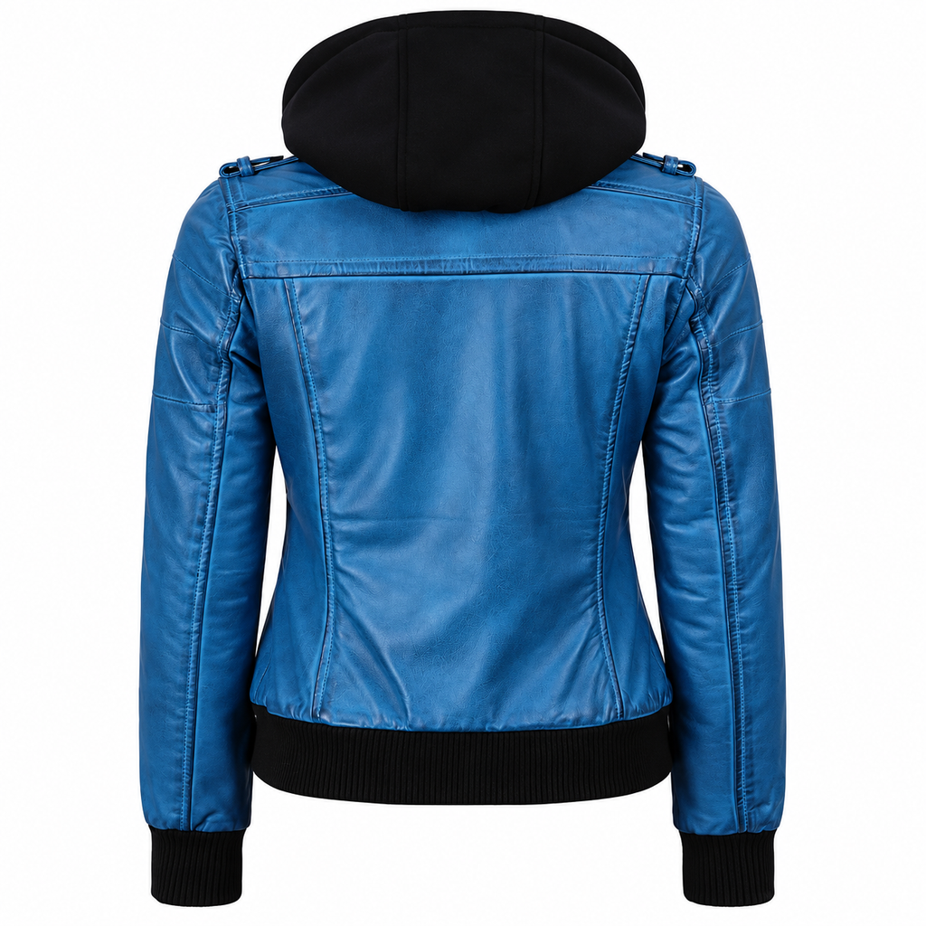 Hollywood Jackets Women’s Blue Waxed Leather Bomber Jacket with Removable Hood