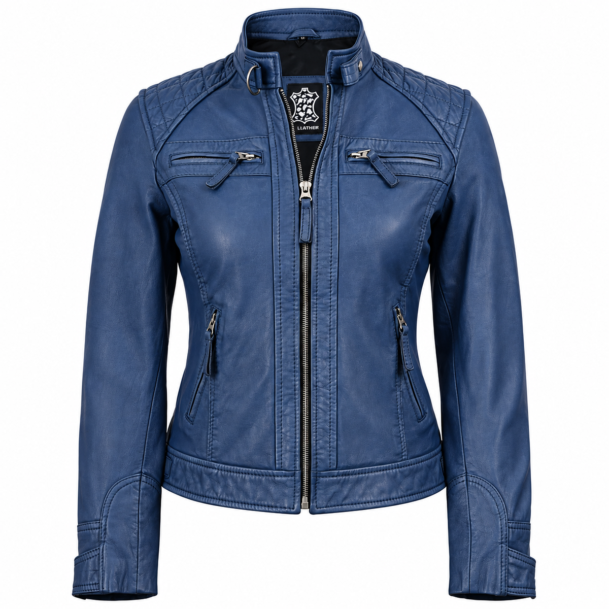 Hollywood Jackets Johnson Women’s Blue Distressed Washed Leather Biker Jacket