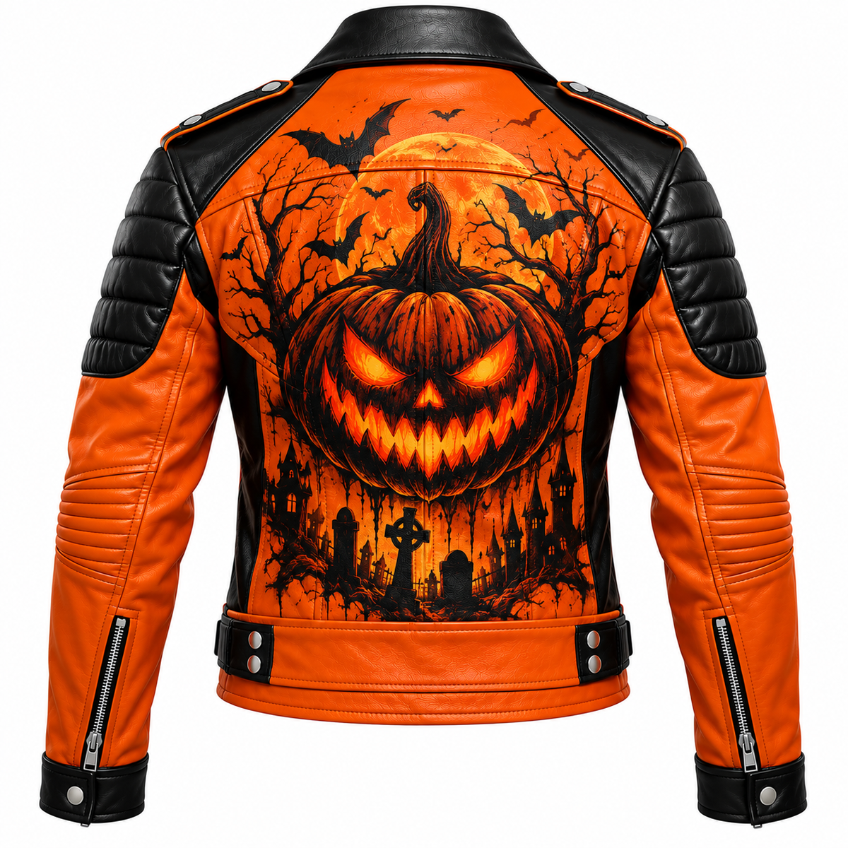 Hollywood Jackets Women’s Halloween Jack-O’-Lantern Studded Leather Biker Jacket