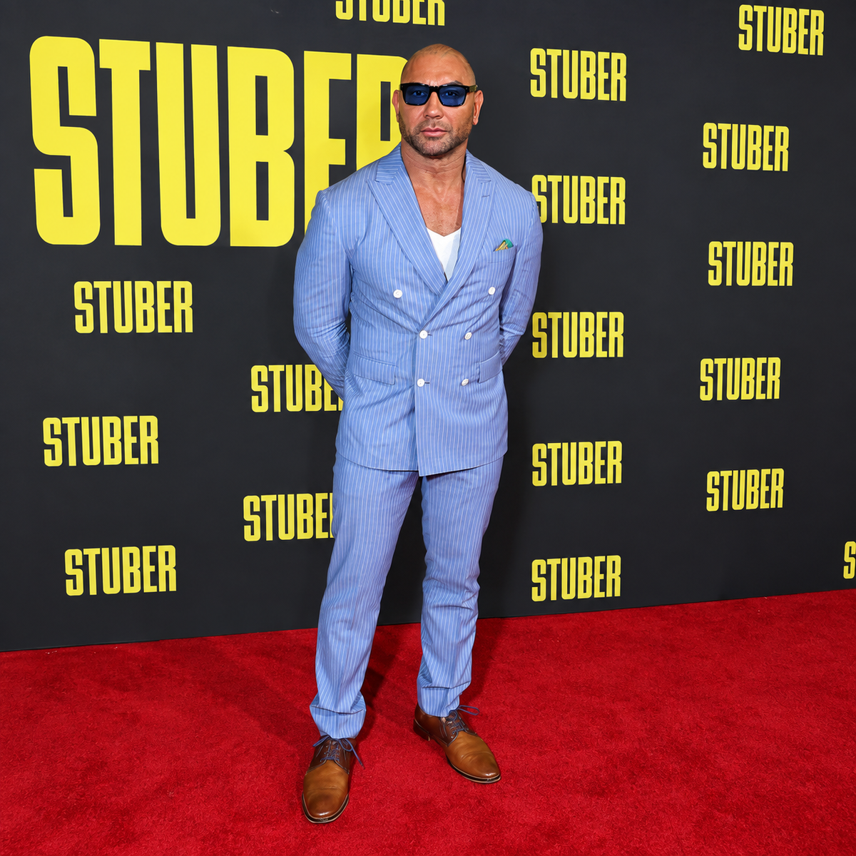 Hollywood Jackets Men’s Dave Bautista Light Blue Pinstripe Double-Breasted Suit