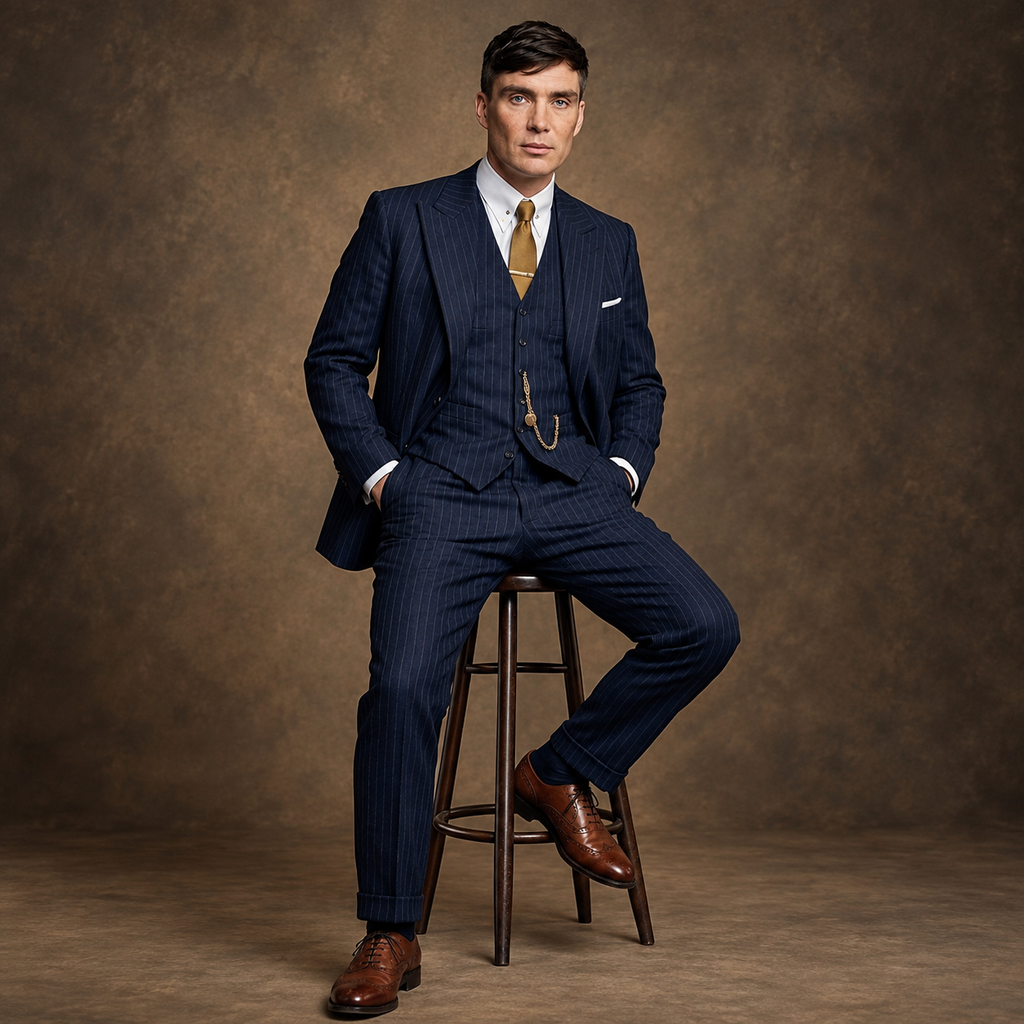Hollywood Jackets Cillian Murphy Peaky Blinders Thomas Shelby Navy Pinstripe 3 Piece Suit Men’s