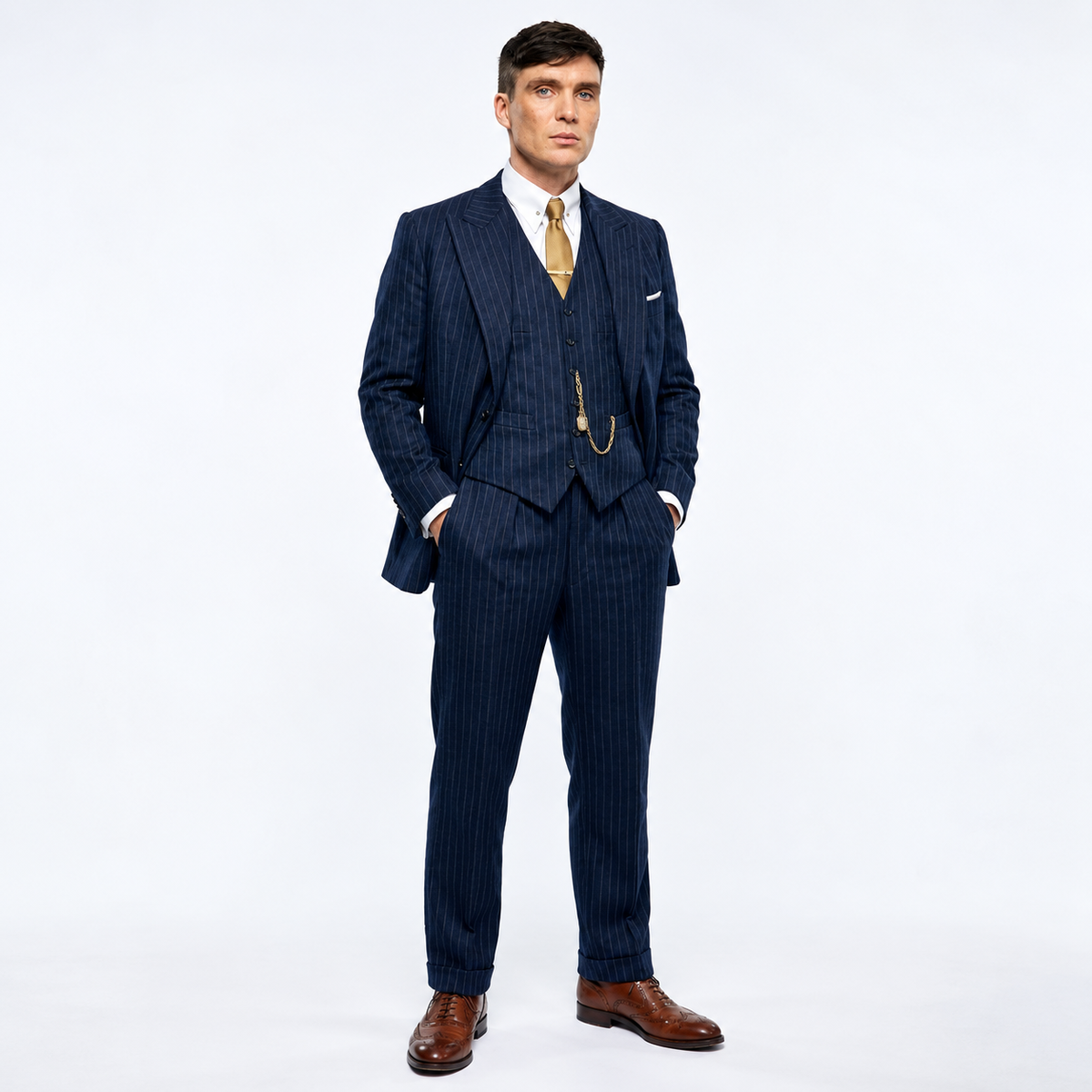 Hollywood Jackets Cillian Murphy Peaky Blinders Thomas Shelby Navy Pinstripe 3 Piece Suit Men’s