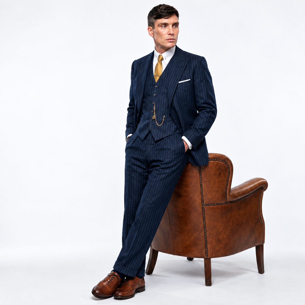 Hollywood Jackets Cillian Murphy Peaky Blinders Thomas Shelby Navy Pinstripe 3 Piece Suit Men’s