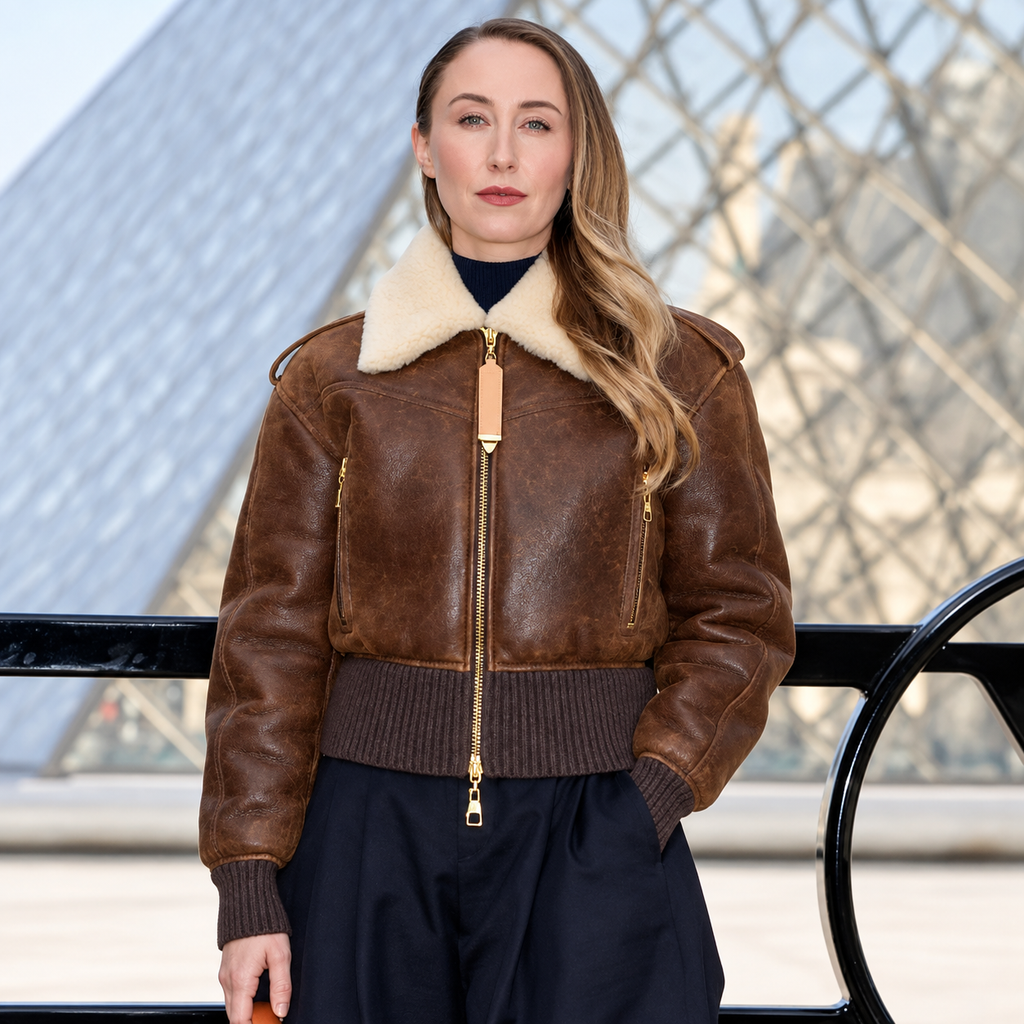 Hollywood Jackets Women’s Erin Doherty PFW 2026 Brown Shearling Leather Jacket