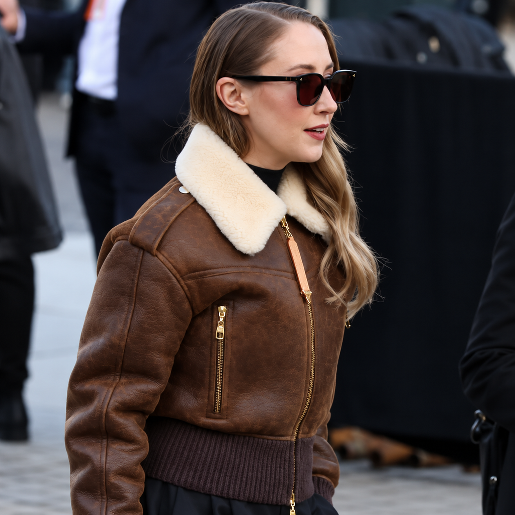 Hollywood Jackets Women’s Erin Doherty PFW 2026 Brown Shearling Leather Jacket