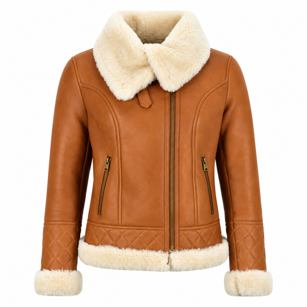 Hollywood Jackets Women’s Tan Brown Sheepskin Shearling Bomber Leather Jacket