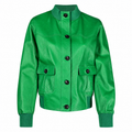 Women's Green Buttoned Leather Jacket