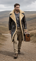 Hollywood Jackets Men's Brown Shearling Leather Long Coat
