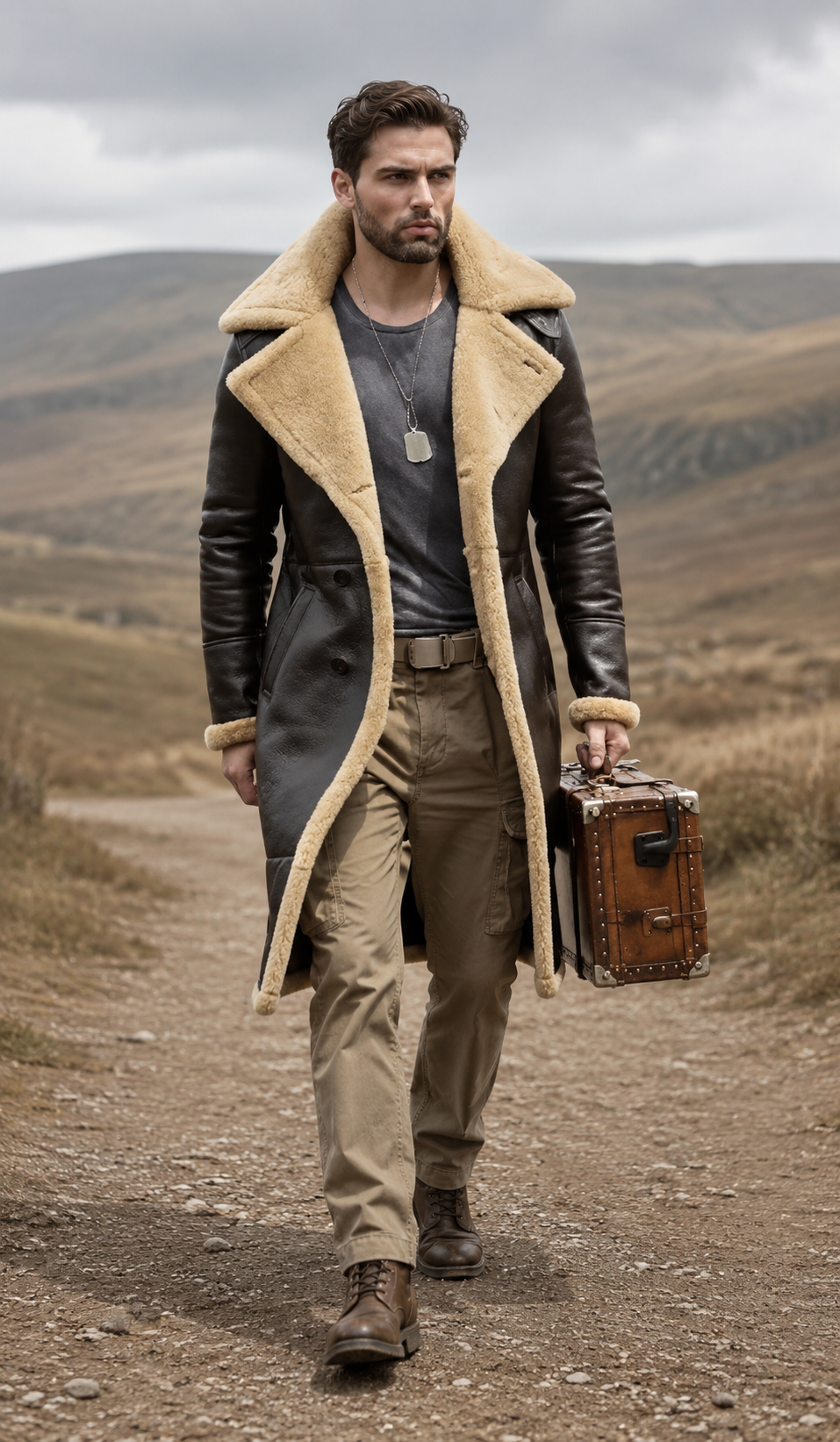 Hollywood Jackets Men's Brown Shearling Leather Long Coat