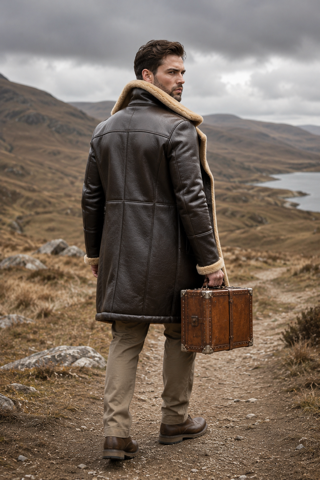Hollywood Jackets Men's Brown Shearling Leather Long Coat