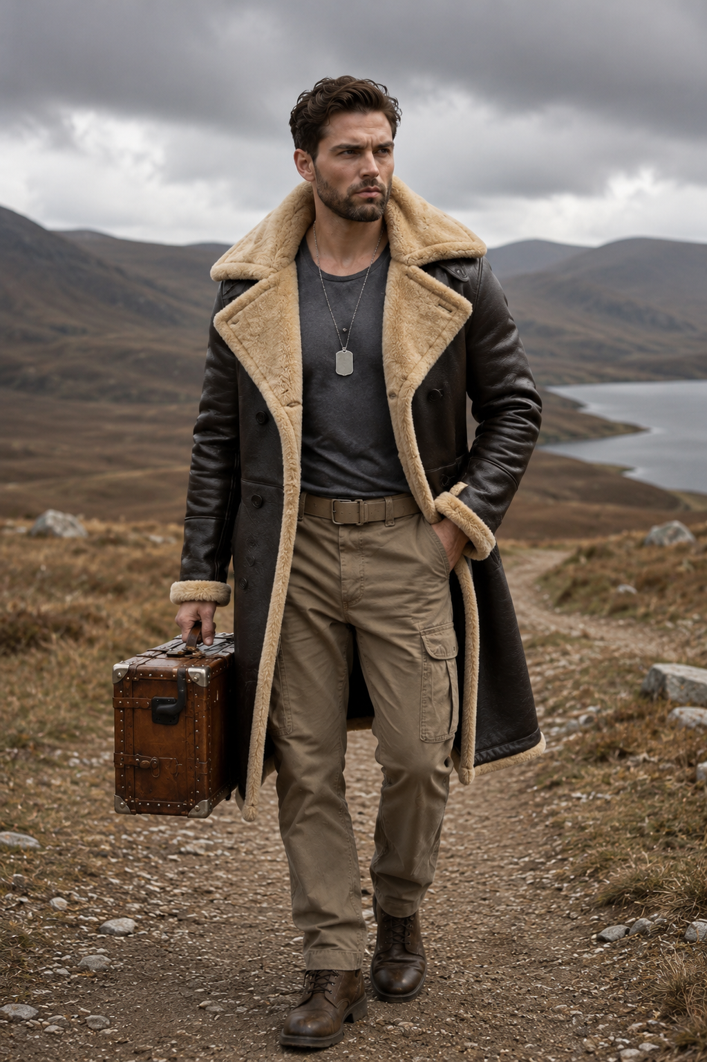 Hollywood Jackets Men's Brown Shearling Leather Long Coat