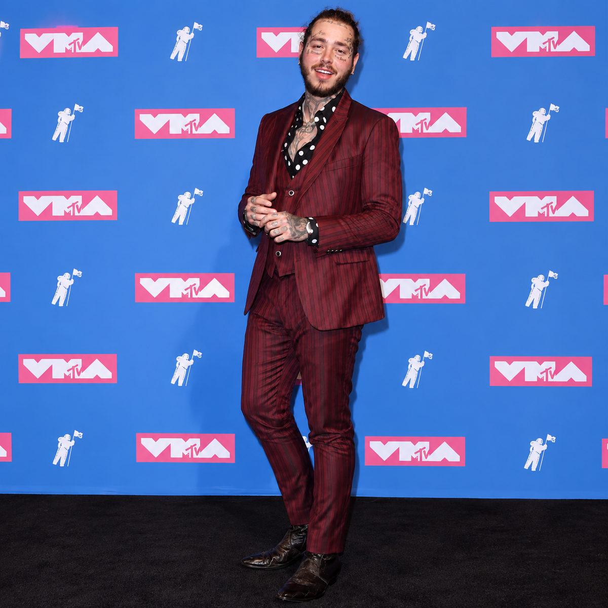 Hollywood Jackets Post Malone 2018 MTV VMA Burgundy Pinstripe 3 Piece Suit Men’s