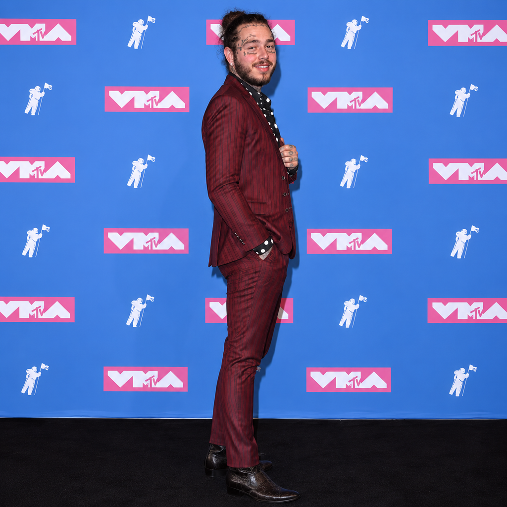 Hollywood Jackets Post Malone 2018 MTV VMA Burgundy Pinstripe 3 Piece Suit Men’s