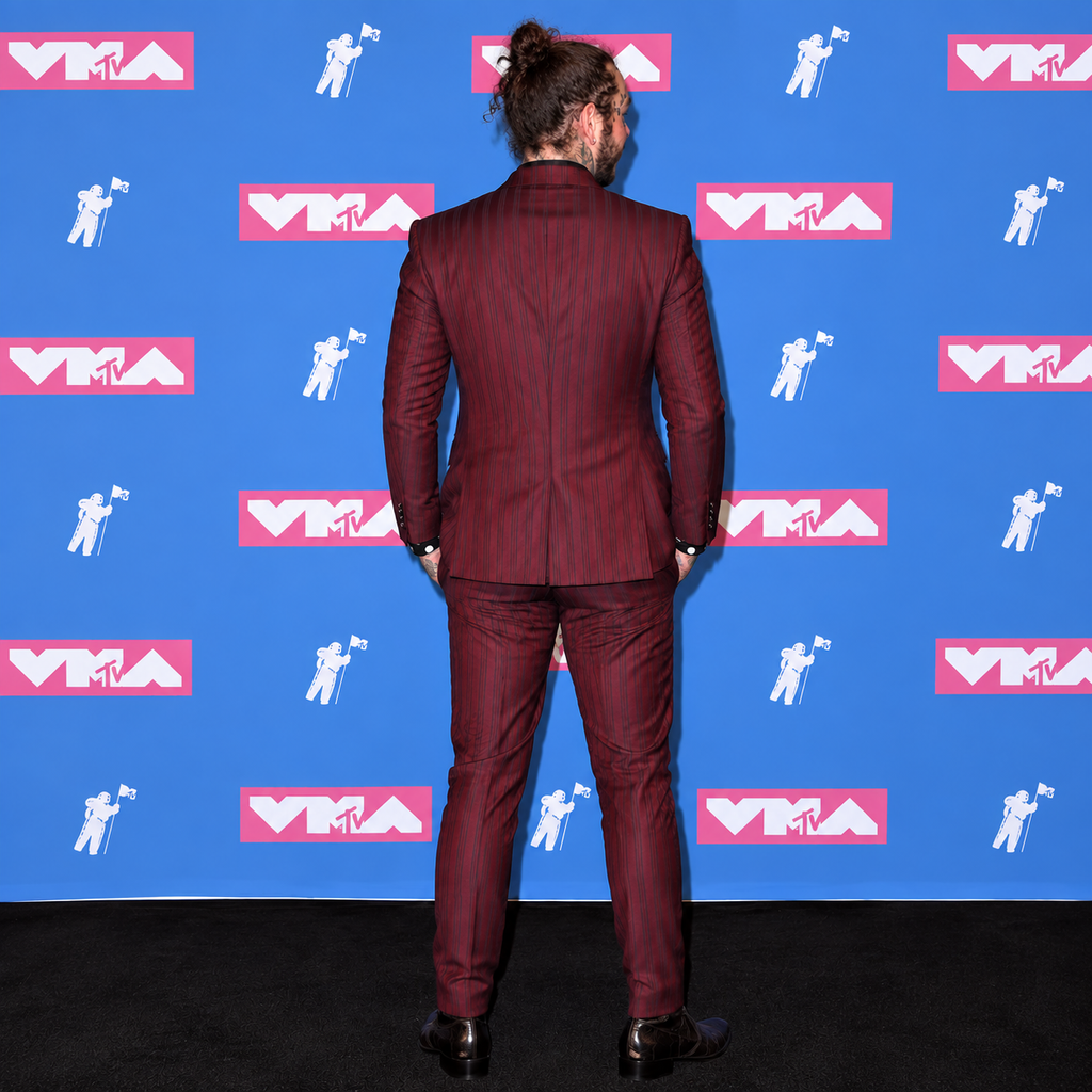 Hollywood Jackets Post Malone 2018 MTV VMA Burgundy Pinstripe 3 Piece Suit Men’s